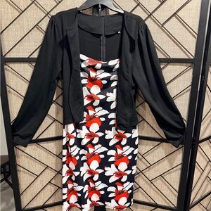 Black Jacket & Floral Sheath Dress - Black w/ Red & White Floral Hourglass - 1X